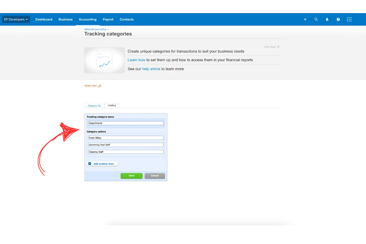 Screenshot showing tracking category details in Xero