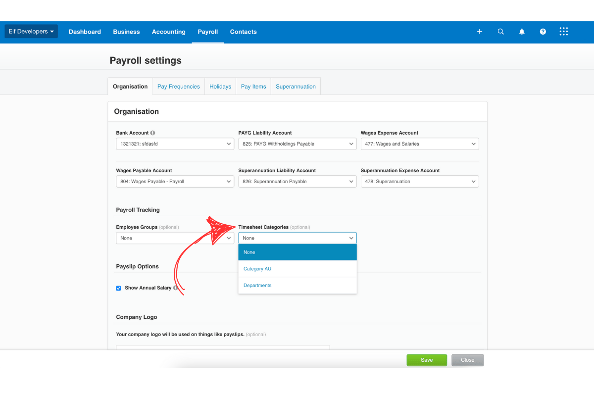 Screenshot showing timesheet categories field in Xero