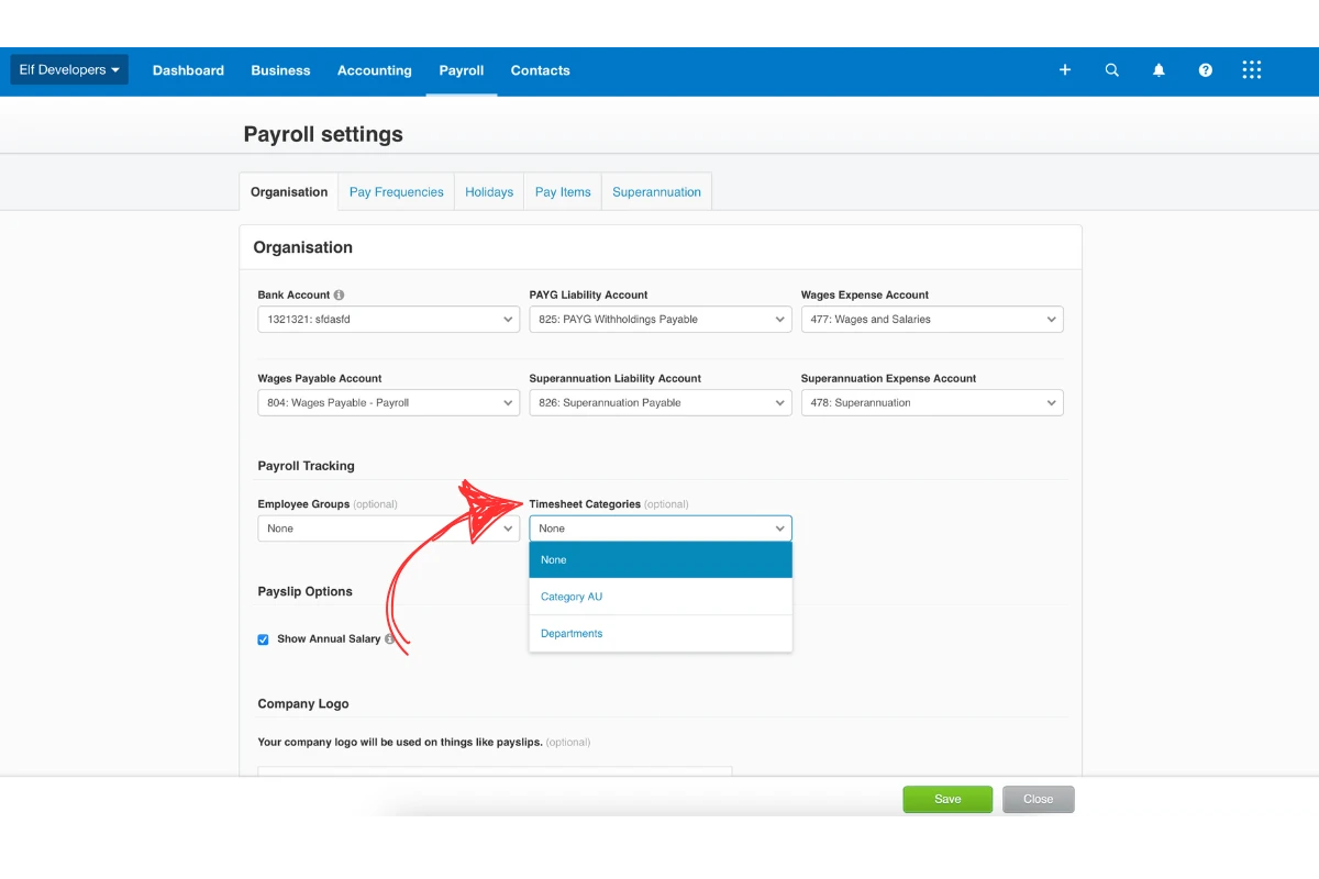 Screenshot showing timesheet categories field in Xero