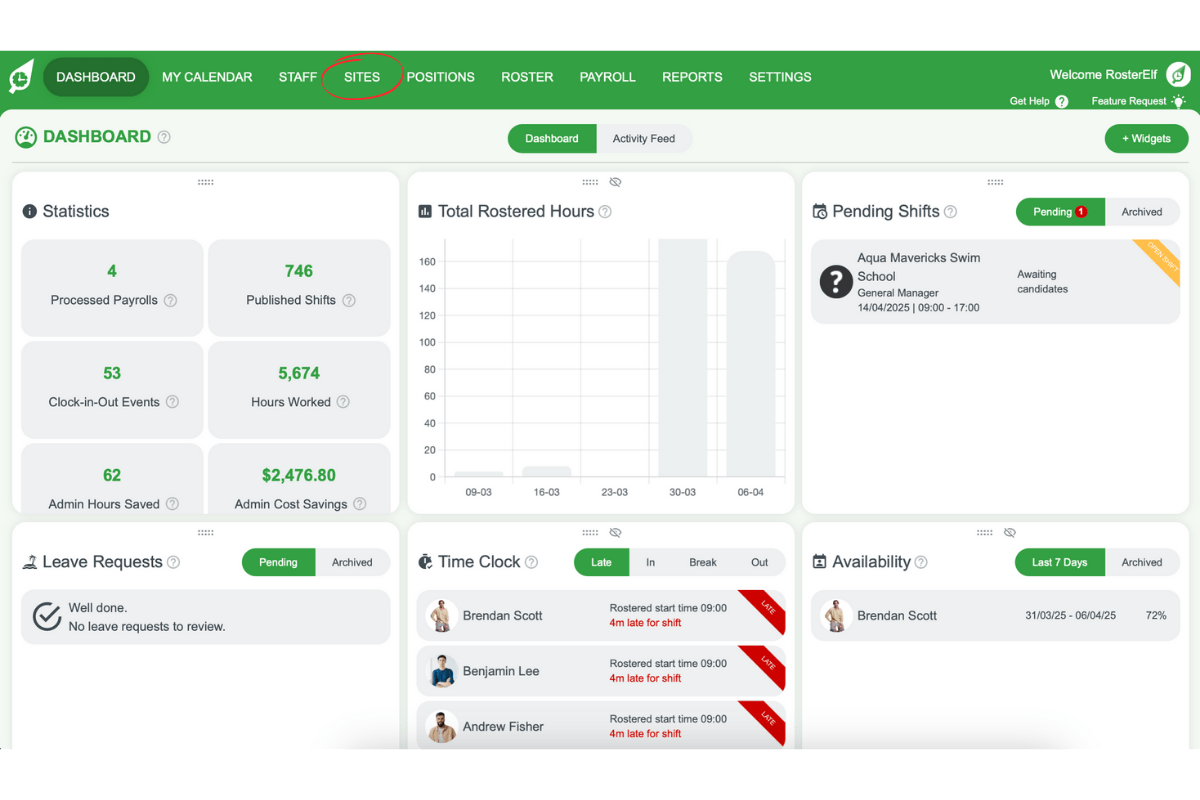 Screenshot of RosterElf Sites tab