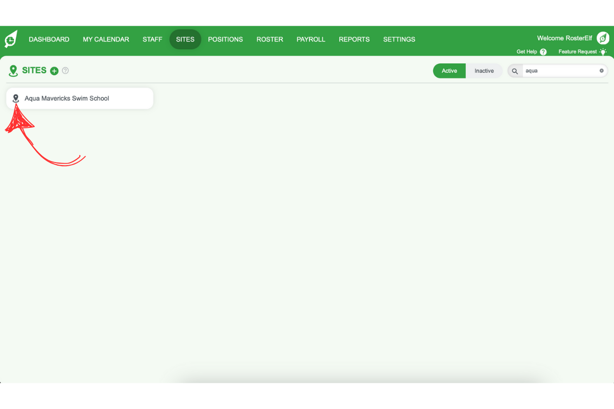 Screenshot highlighting a chosen site in RosterElf