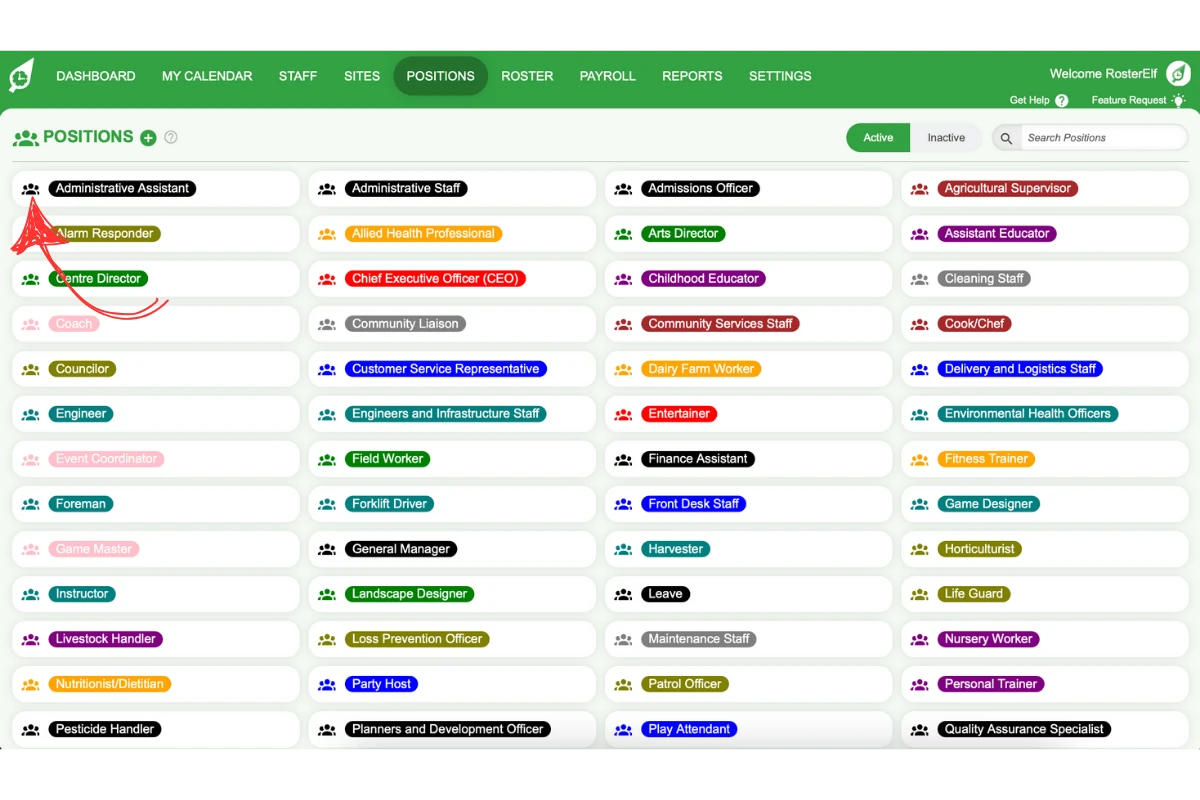 Screenshot highlighting a position selected in RosterElf