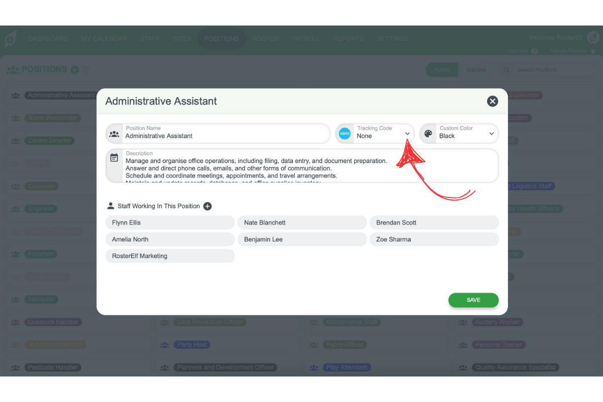 Screenshot showing Xero tracking code selection for a position in RosterElf