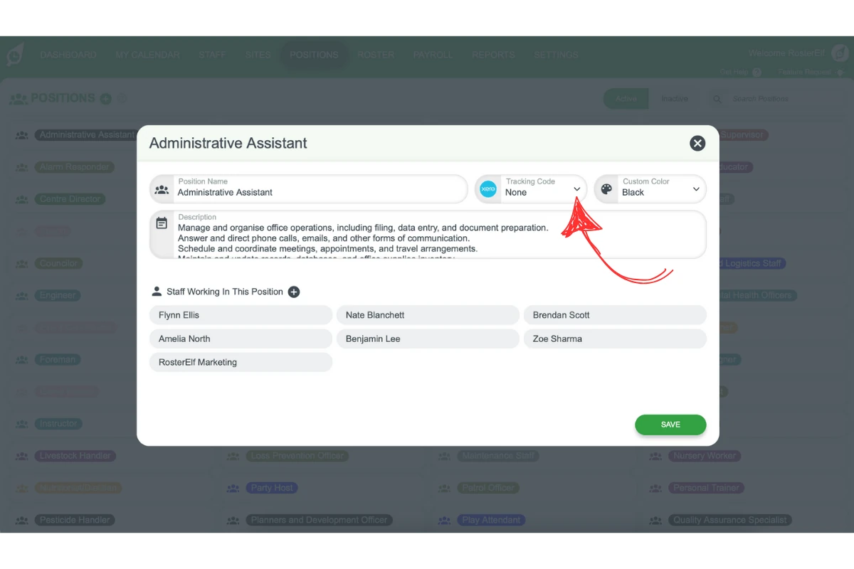Screenshot showing Xero tracking code selection for a position in RosterElf