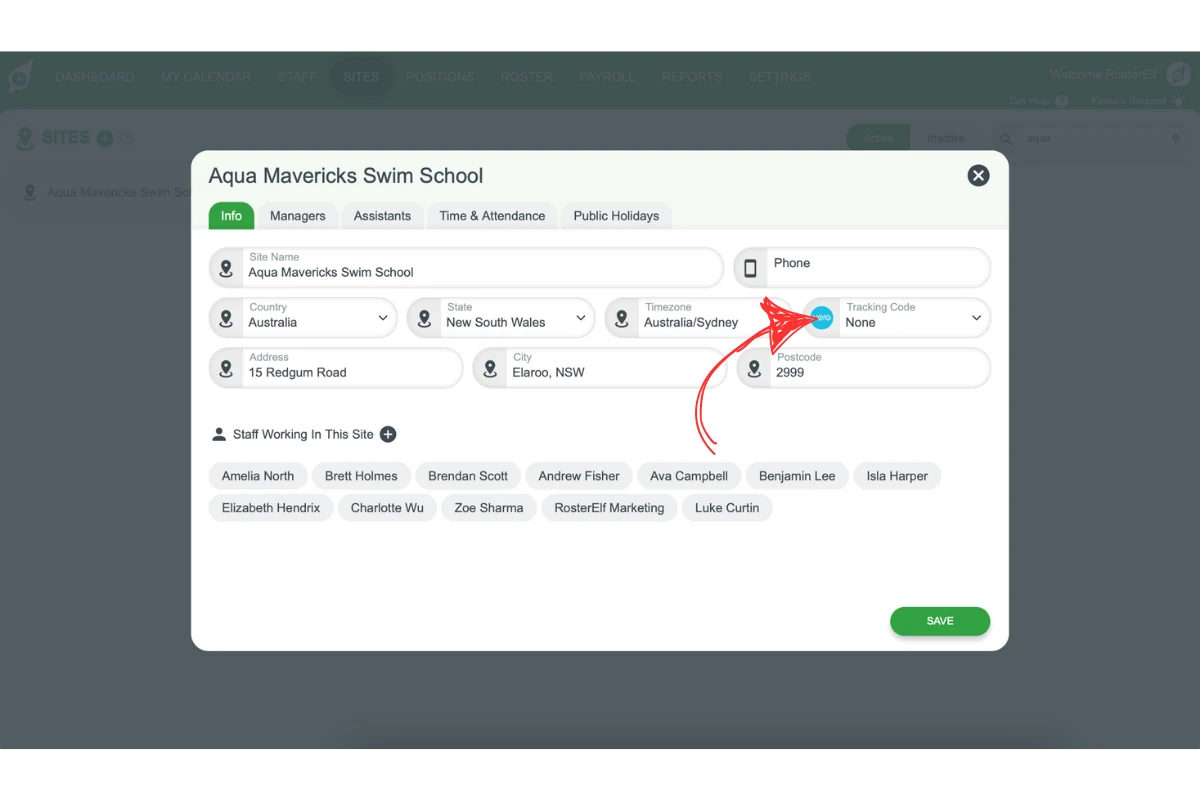 Screenshot showing Xero Tracking Code dropdown in a RosterElf site