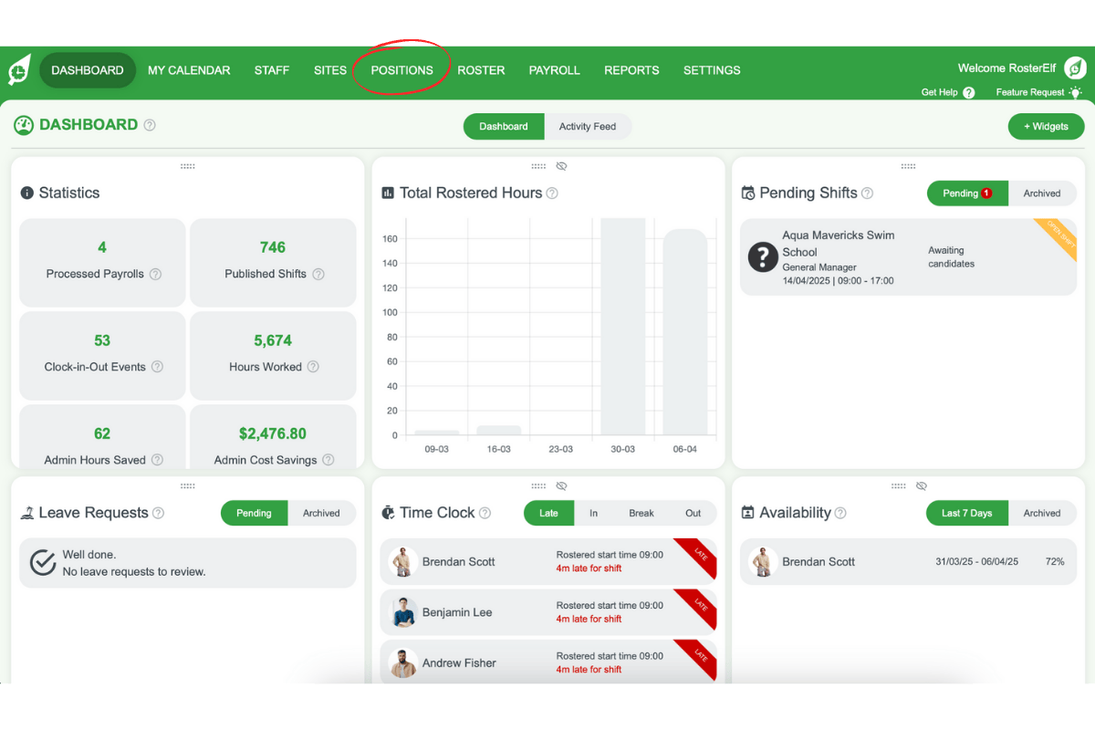 Screenshot of the Positions tab in RosterElf