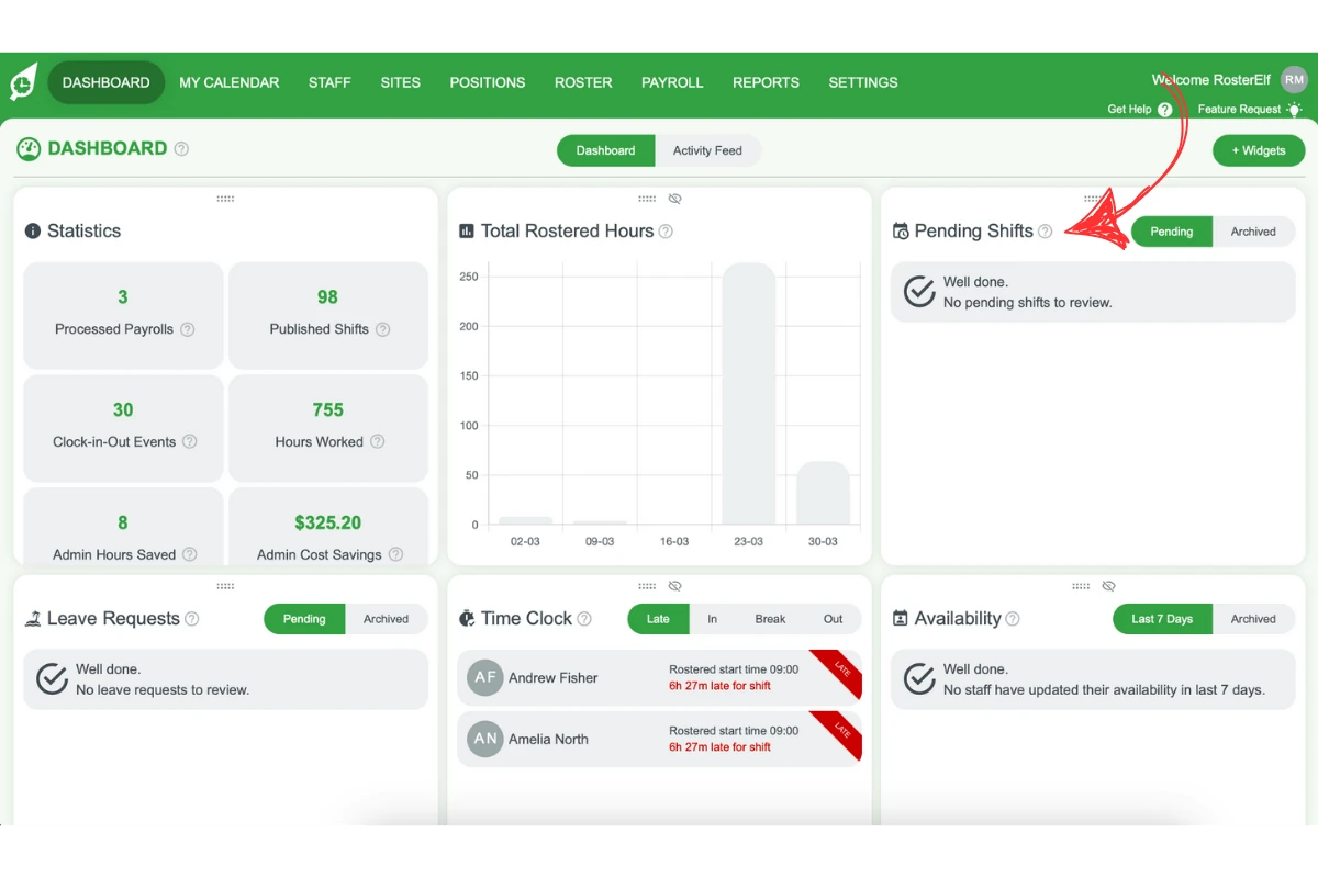 Screenshot of the Pending Shifts widget