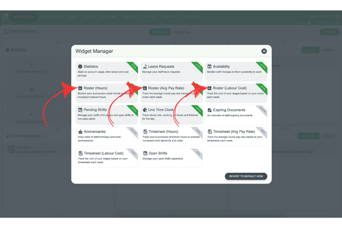 Screenshot of the widget selection pop-up in RosterElf