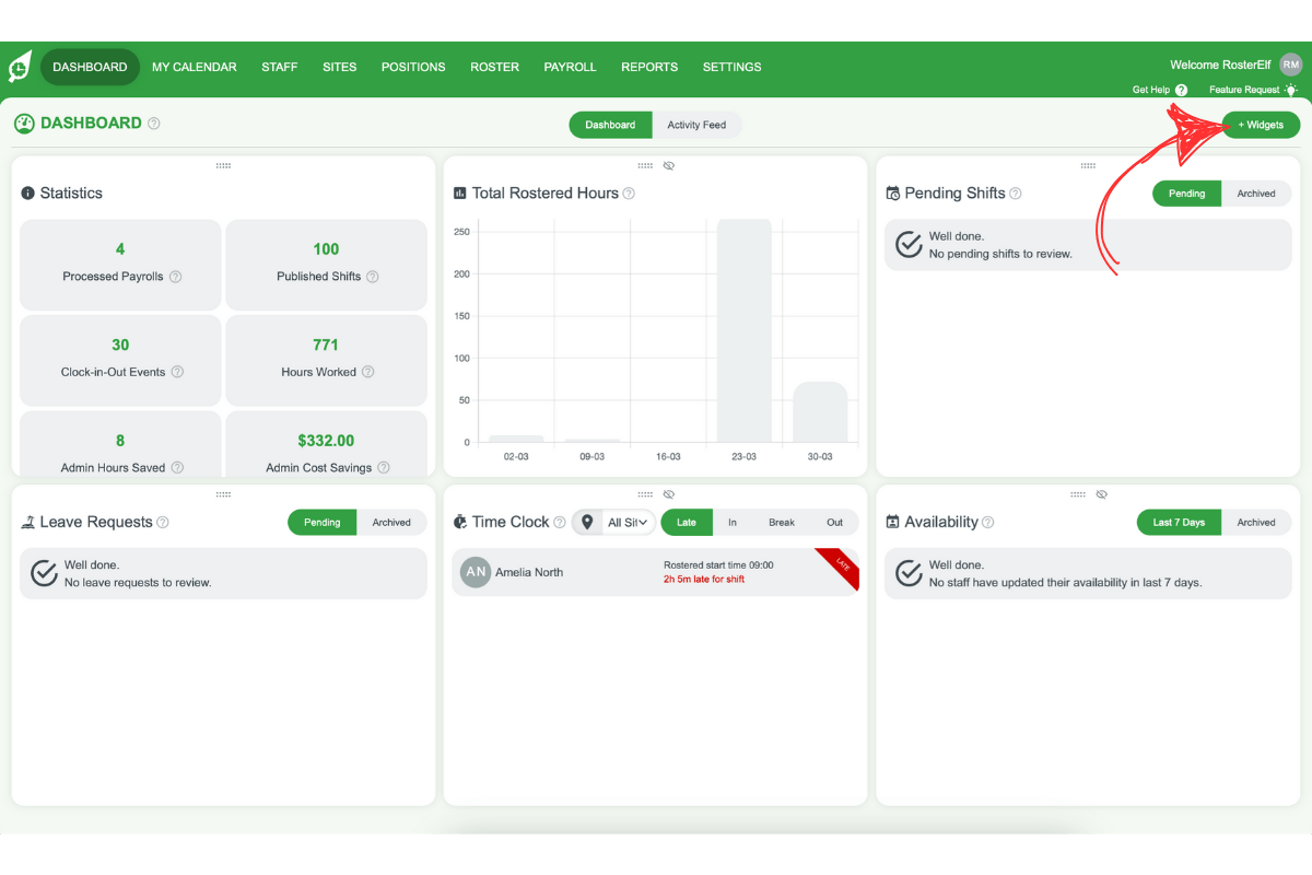 Screenshot of the dashboard with the plus widget button highlighted