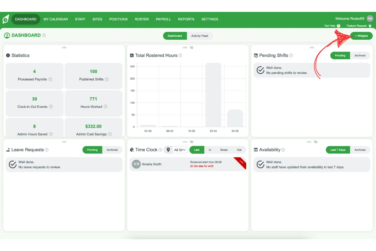 Screenshot of the dashboard with the plus widget button highlighted