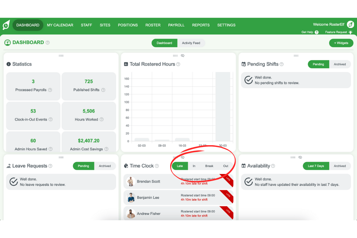 RosterElf - filter options for Late, In, Break, and Out statuses
