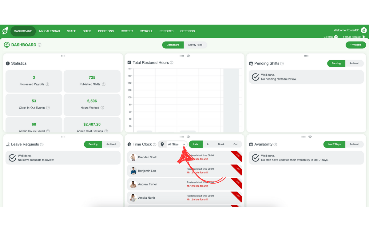 RosterElf - site selection drop-down