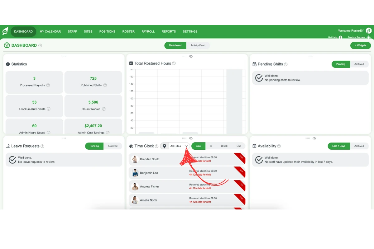 RosterElf - site selection drop-down