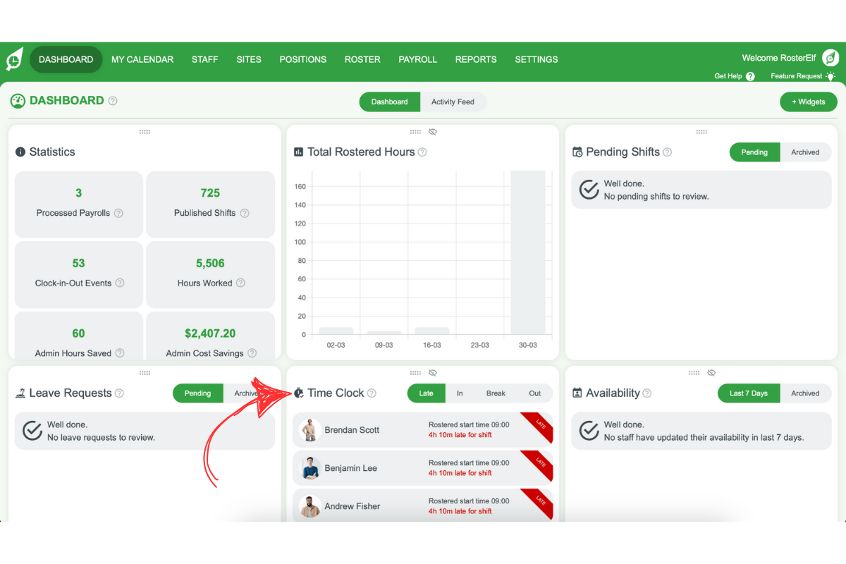 RosterElf - overview of staff clock-in statuses