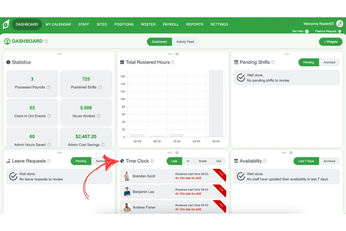 RosterElf - overview of staff clock-in statuses