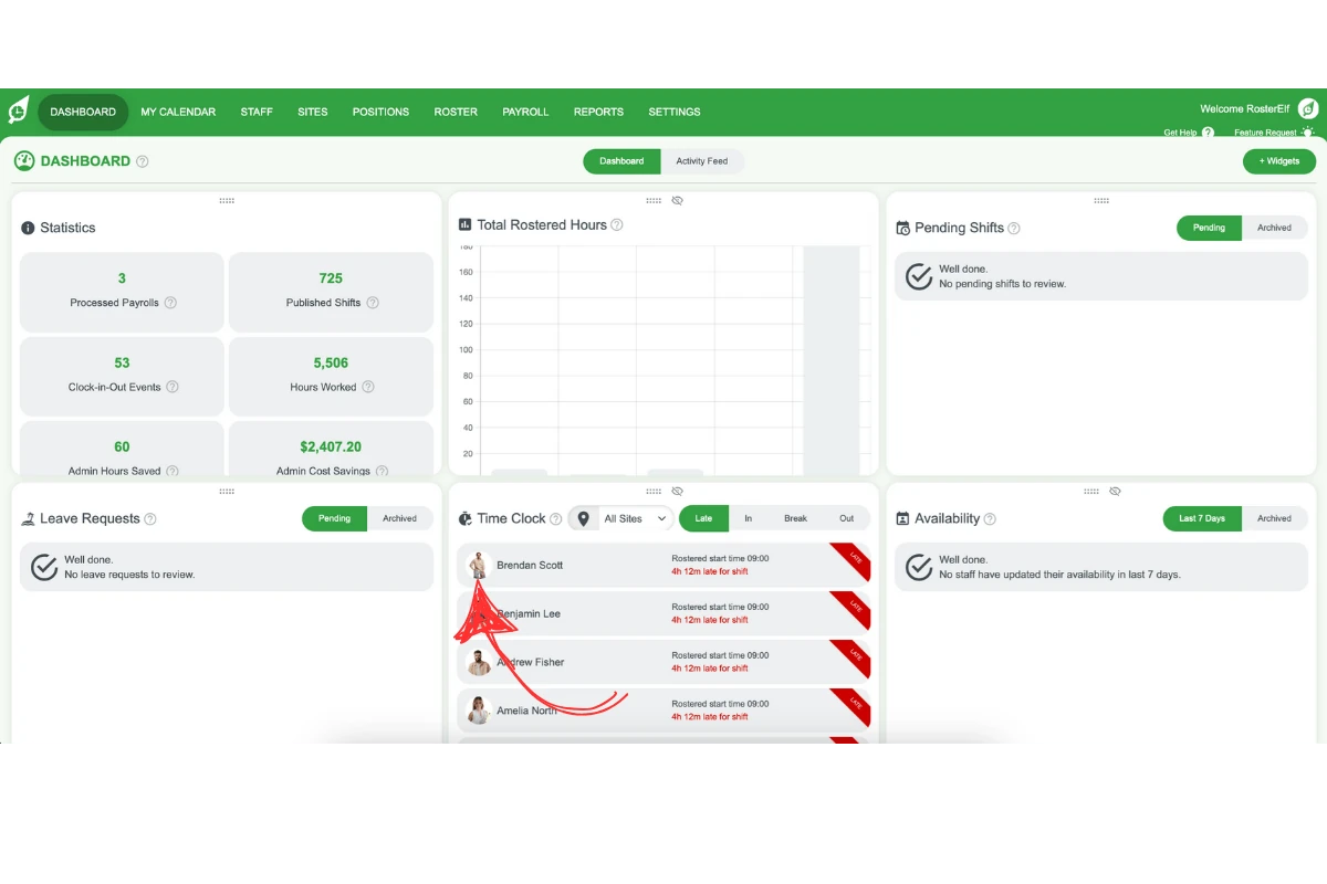 RosterElf - detailed shift information for a selected staff member