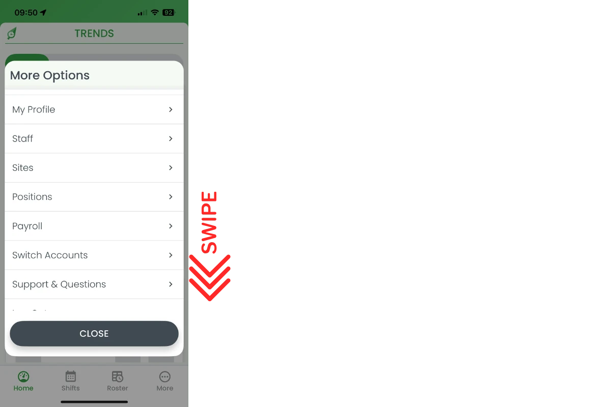 More Options panel with Log Out option