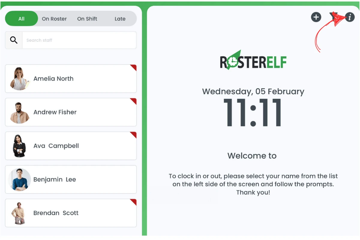 Top-right 'I' icon on RosterElf Time Clock for logging out
