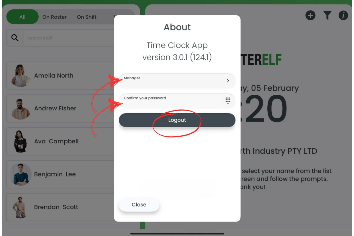 Logout password screen on RosterElf Time Clock