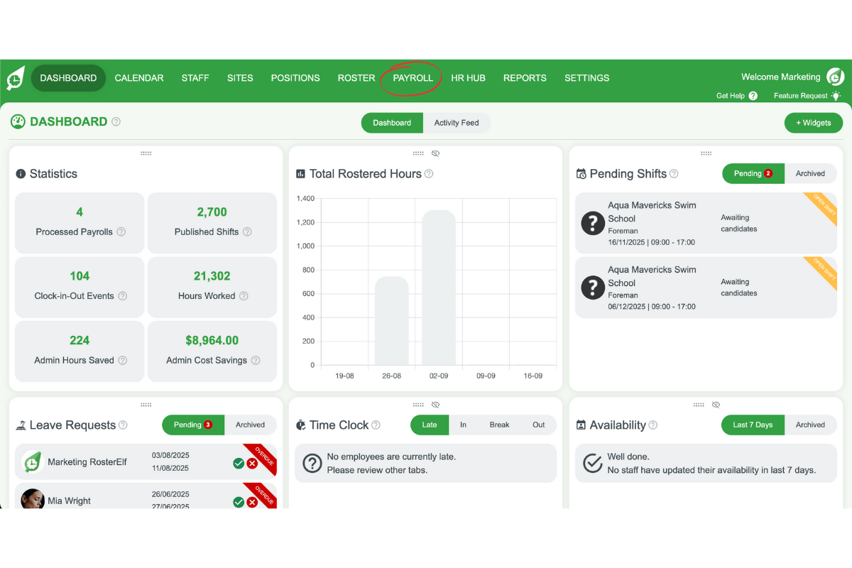 Payroll section in RosterElf