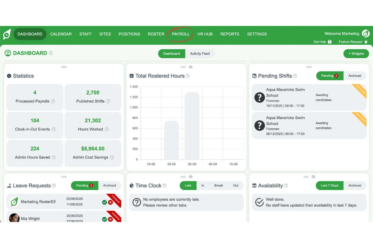 RosterElf Payroll section opened to change rounding defaults