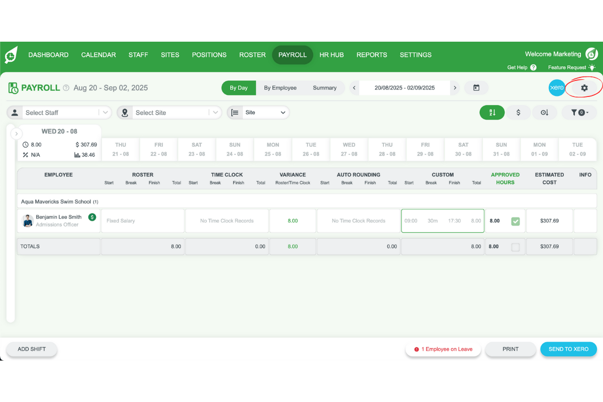 Payroll settings screen in RosterElf