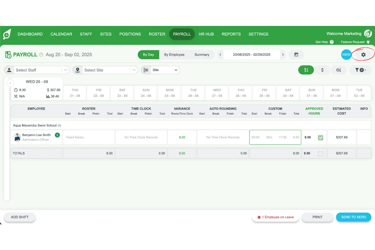 Payroll settings screen in RosterElf