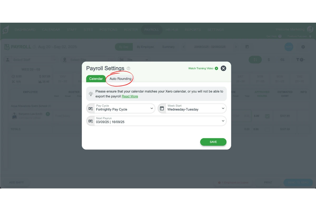 RosterElf payroll settings with Auto rounding selected
