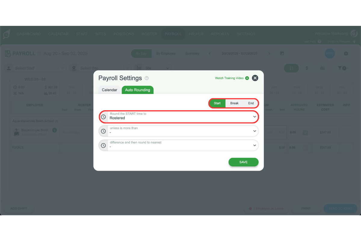 Payroll section in RosterElf