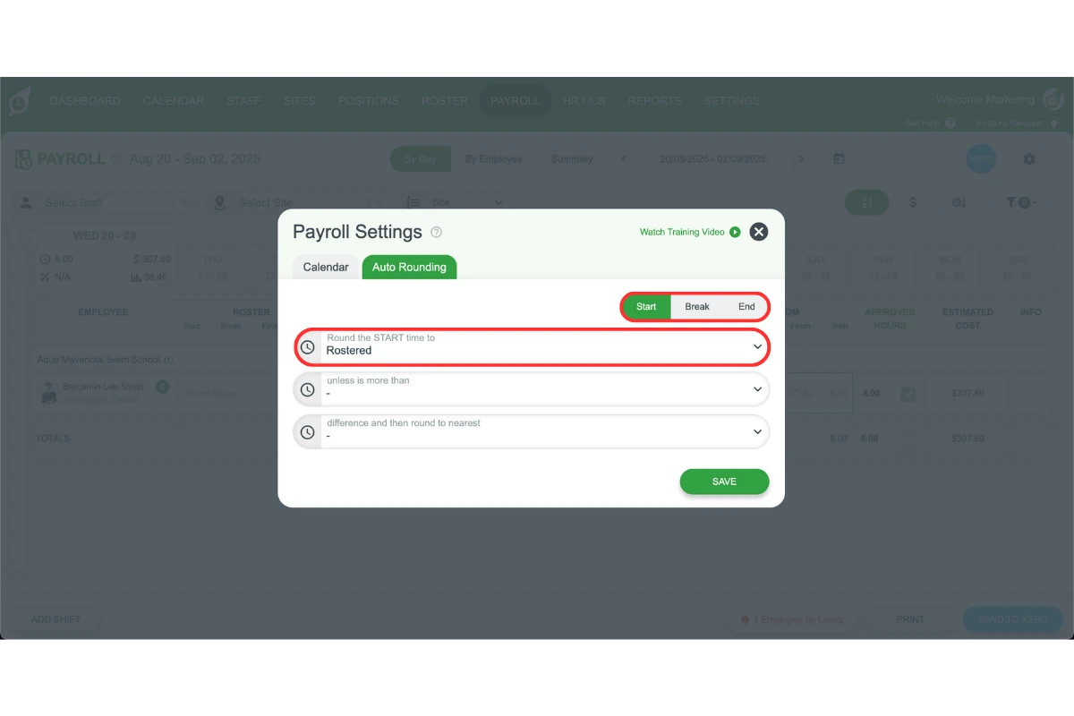 RosterElf auto rounding set to Rostered for start, break, and end times