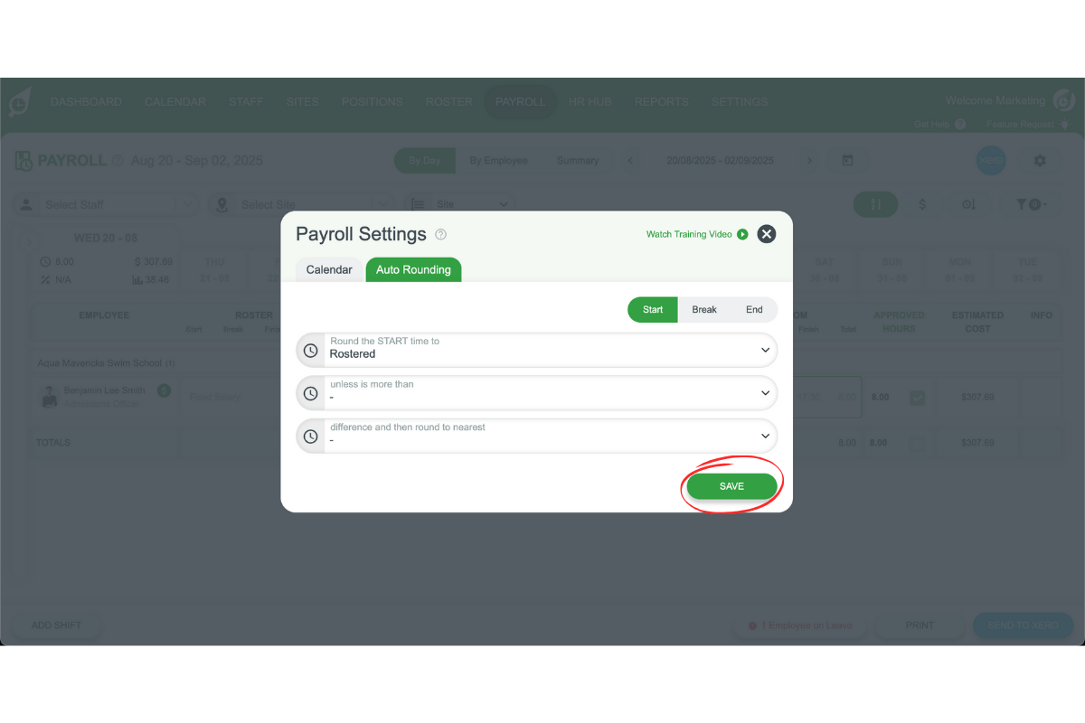 Payroll section in RosterElf