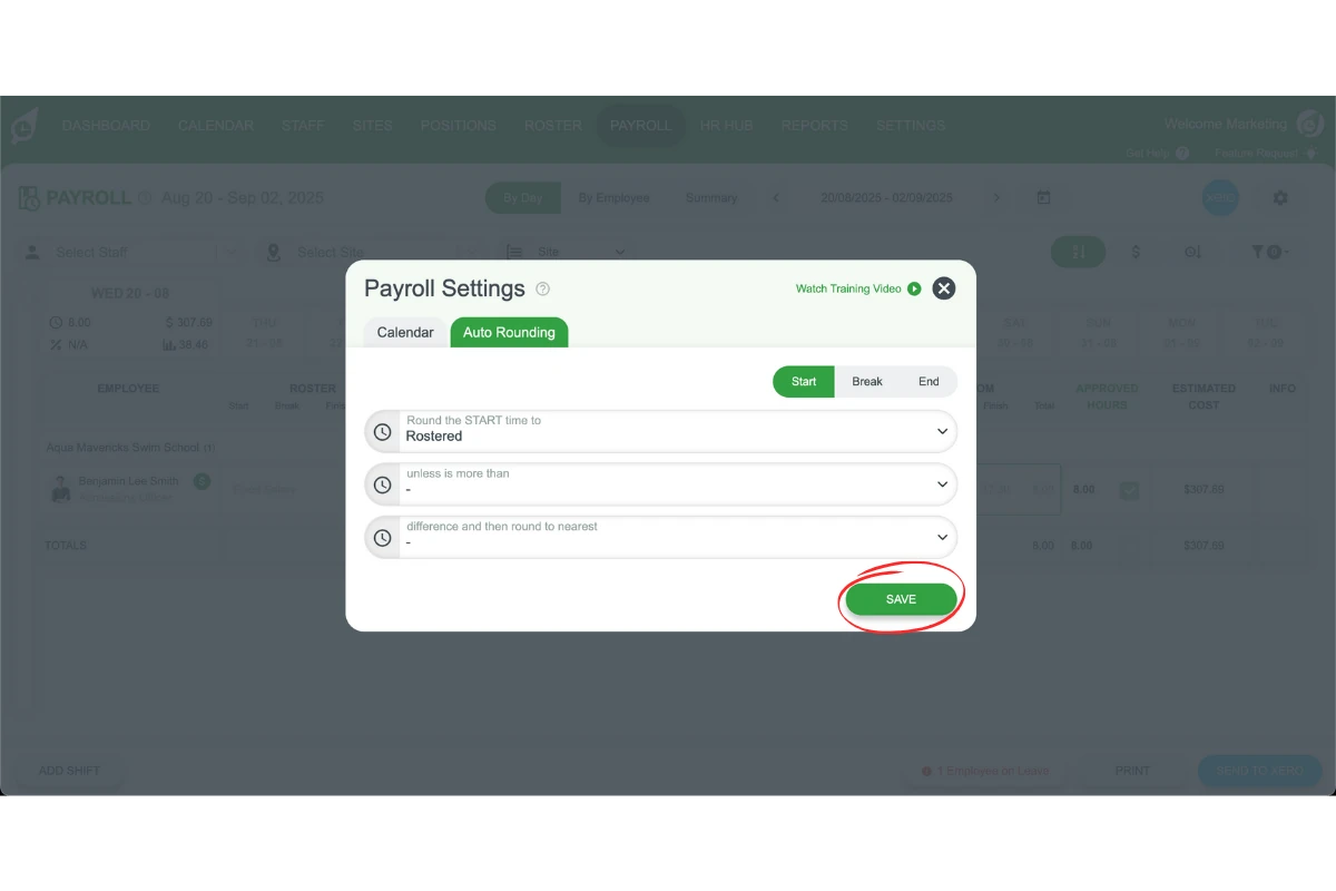 RosterElf auto rounding settings with the Save button