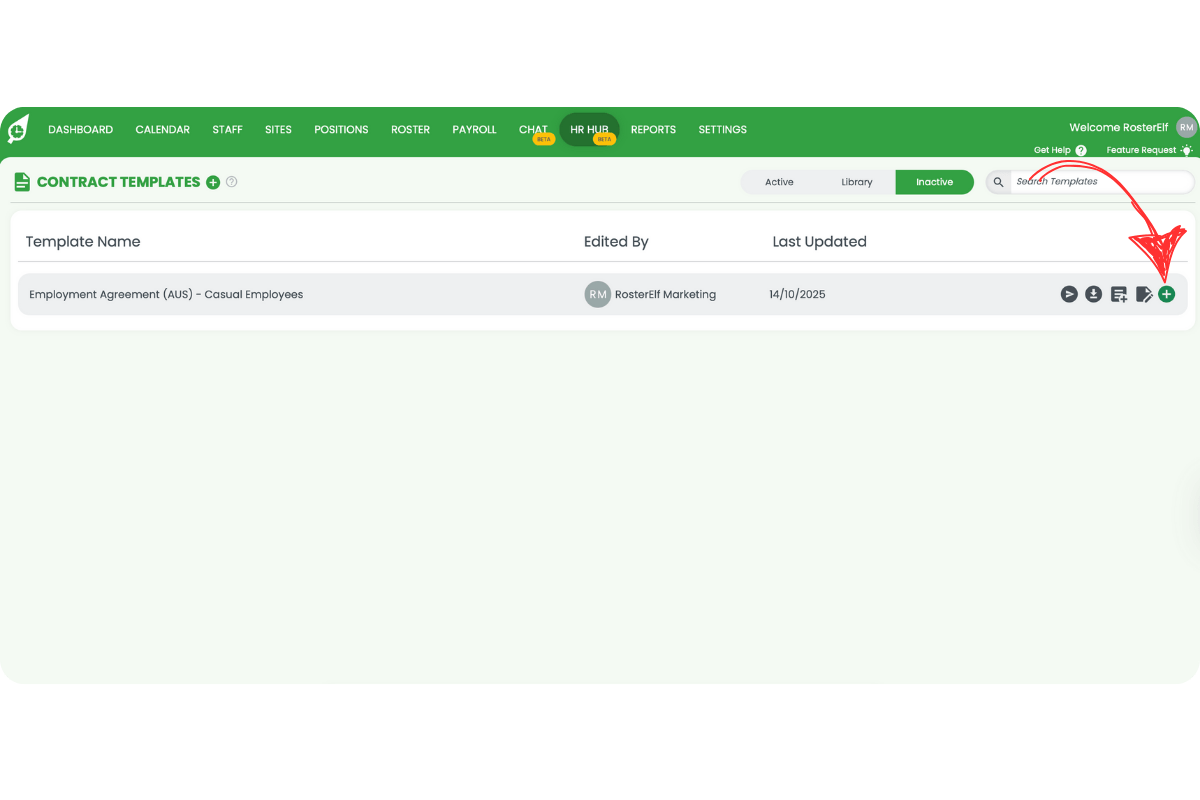 Contract Templates Inactive view with the plus activate icon highlighted on the contract row
