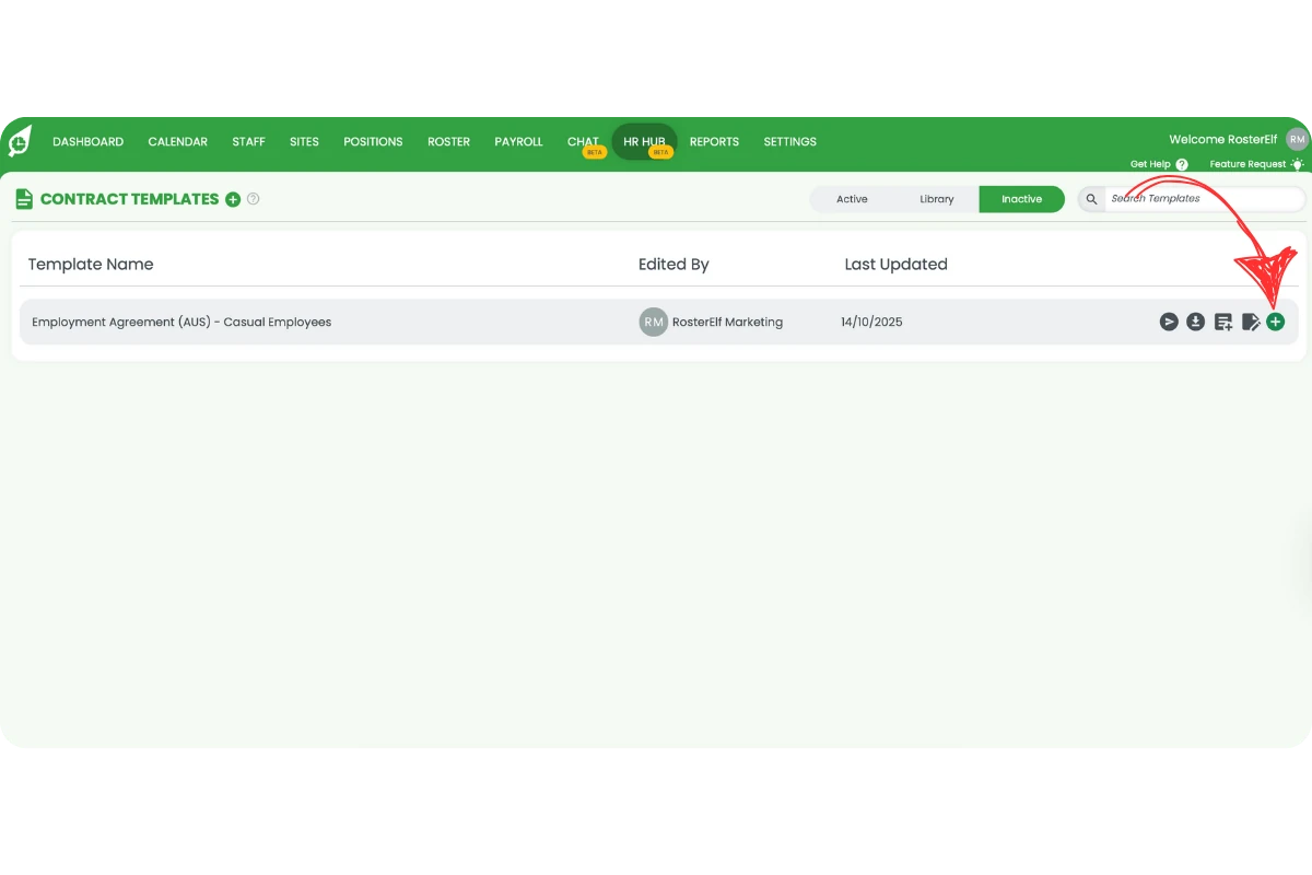 Contract Templates Inactive view with the plus activate icon highlighted on the contract row