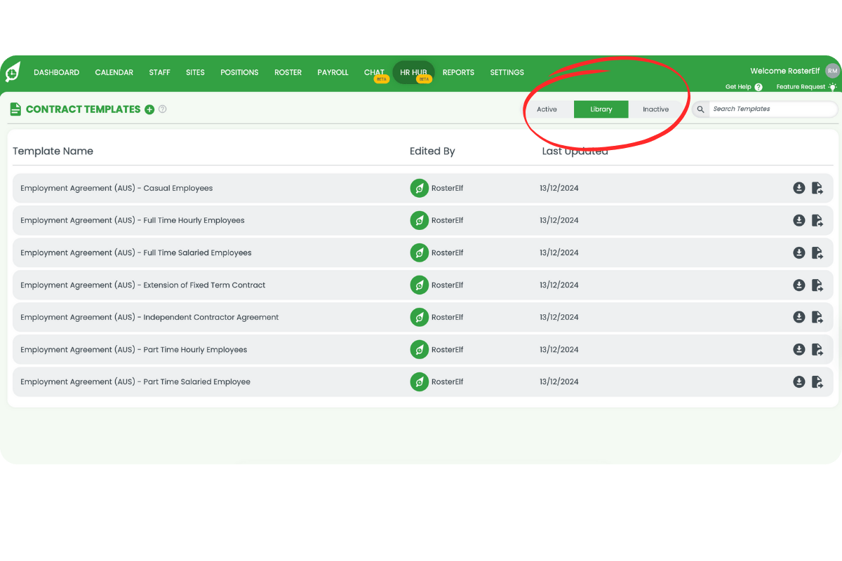 Contract Templates screen with Active, Library, and Inactive tabs highlighted