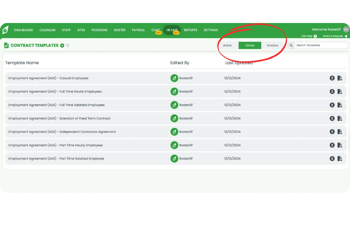Contract Templates screen with Active, Library, and Inactive tabs highlighted