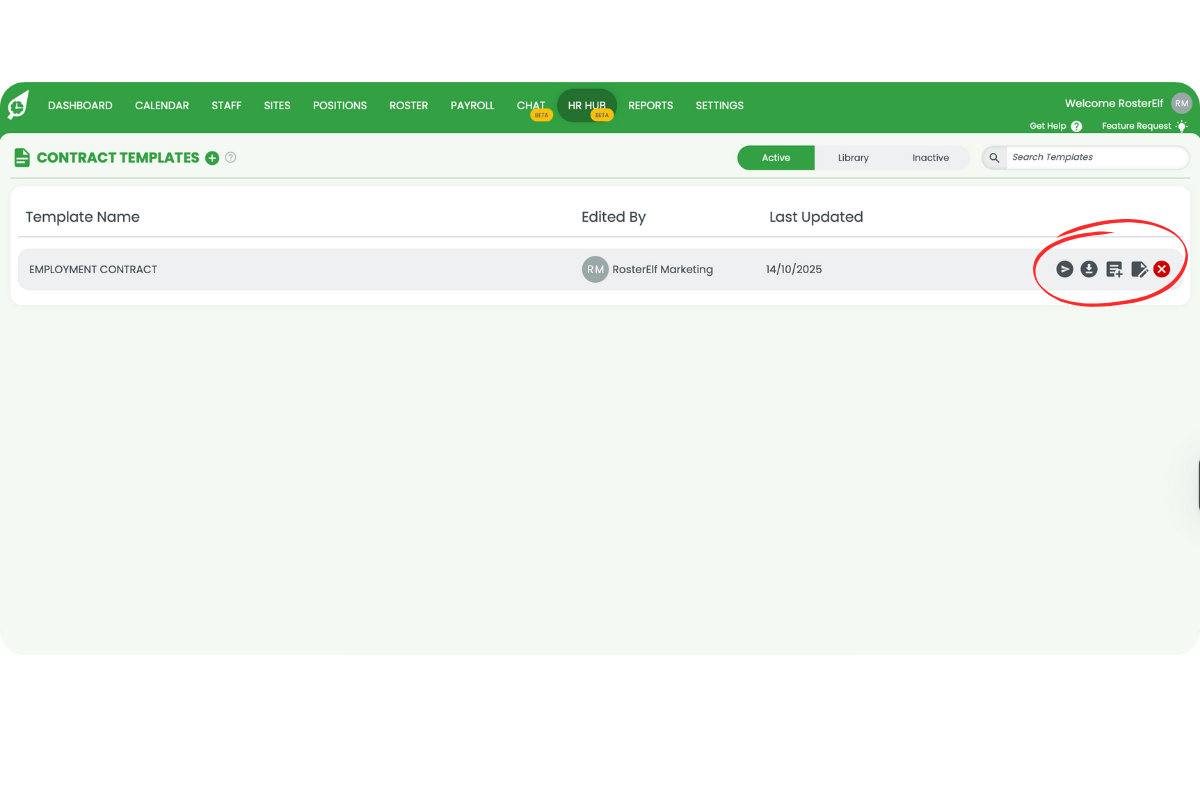 Contract Templates Active view showing send, download, duplicate, edit, and deactivate icons circled