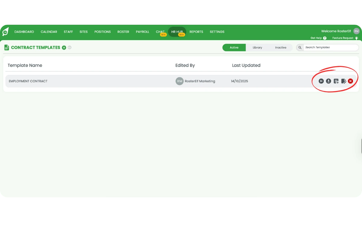 Contract Templates Active view showing send, download, duplicate, edit, and deactivate icons circled