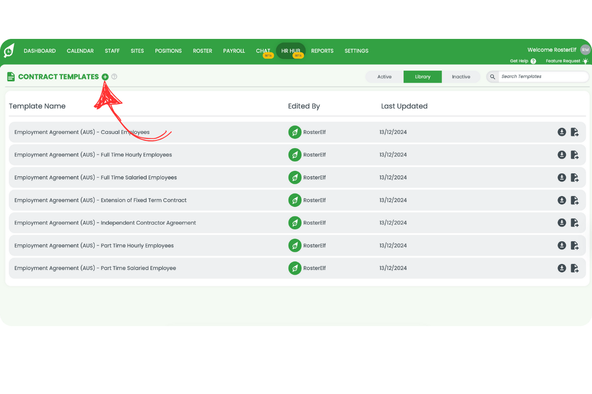 Contract Templates heading with the plus icon circled to add a new template