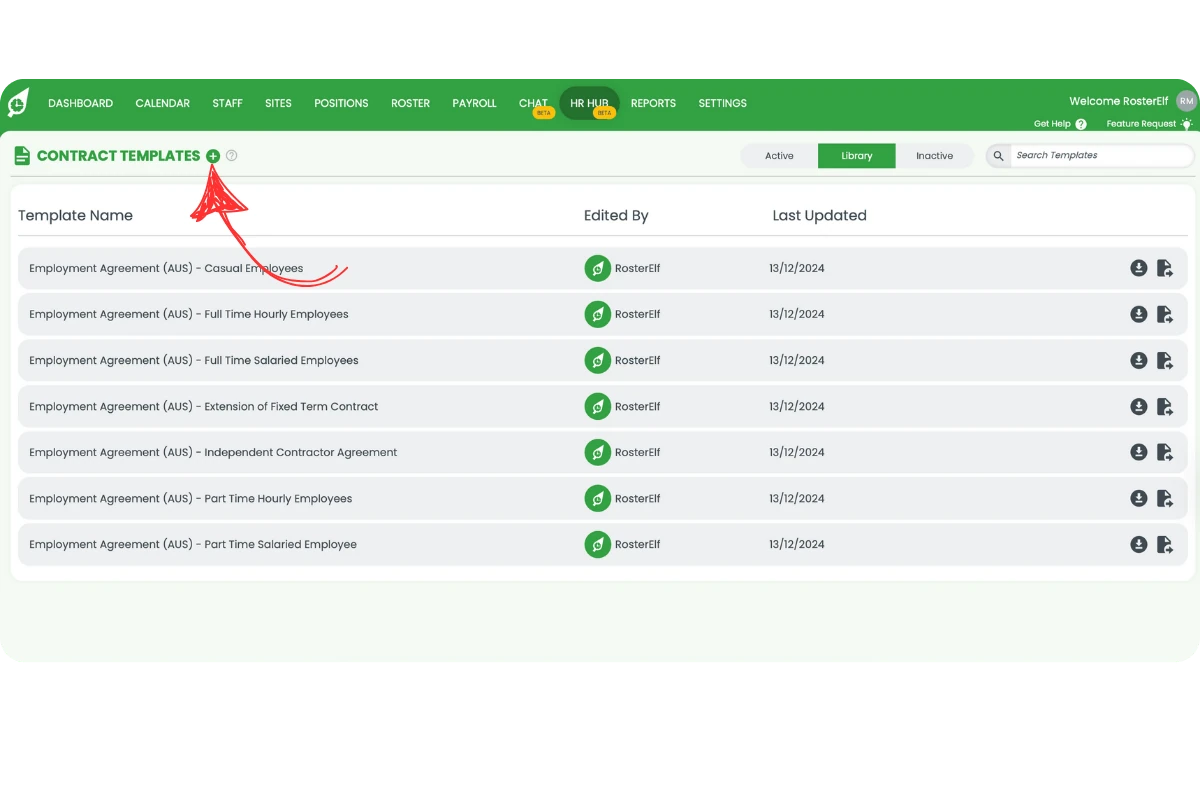 Contract Templates heading with the plus icon circled to add a new template