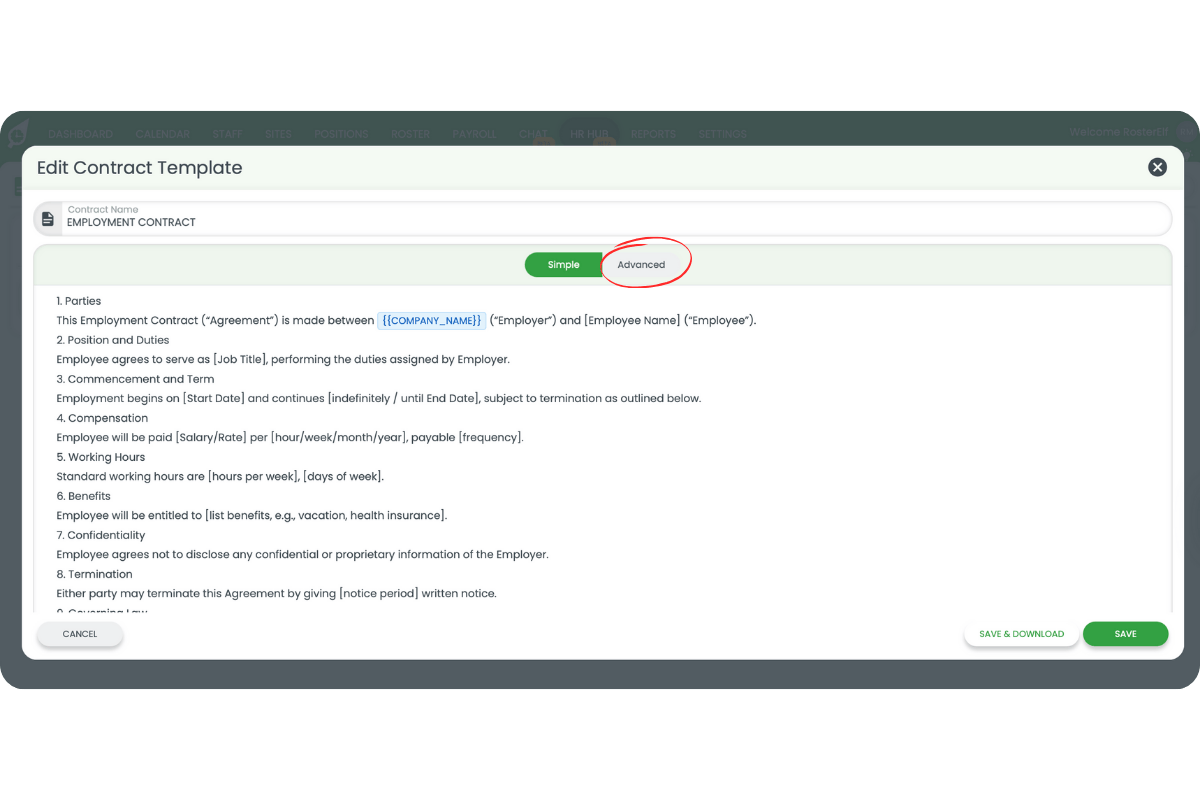 Edit Contract Template with Advanced mode selected in the editor toolbar