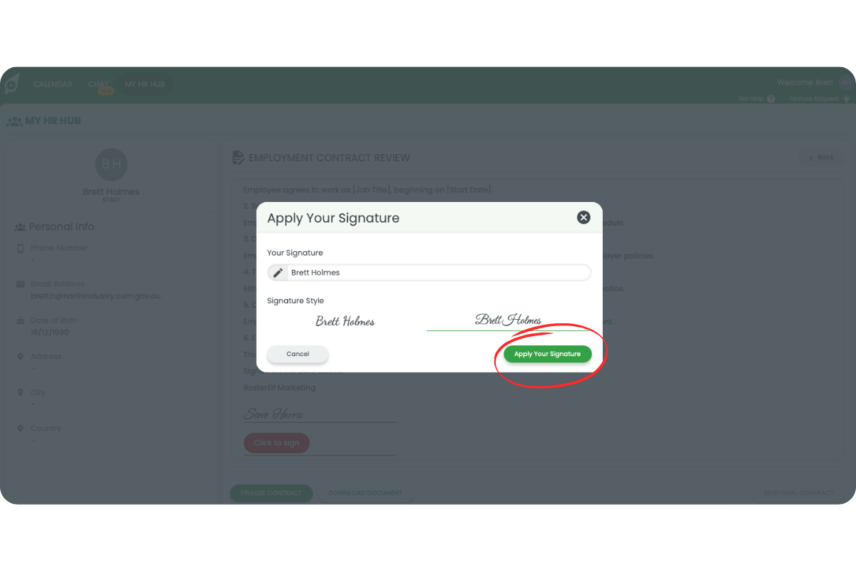 Apply Your Signature modal showing name field, signature style options, and Apply Your Signature button