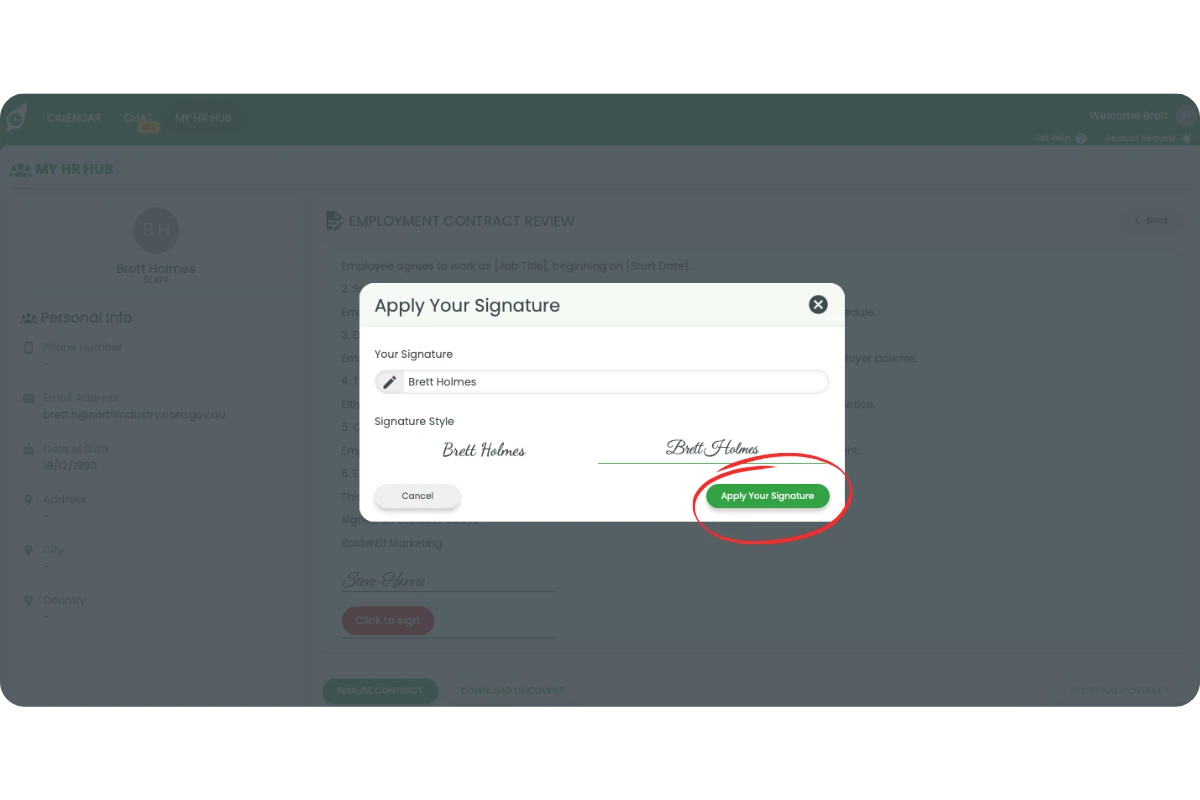 Apply Your Signature modal showing name field, signature style options, and Apply Your Signature button