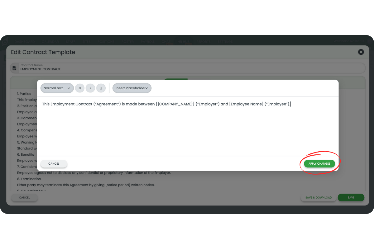 Contract editor showing COMPANY_NAME placeholder inserted in text with Apply Changes button circled