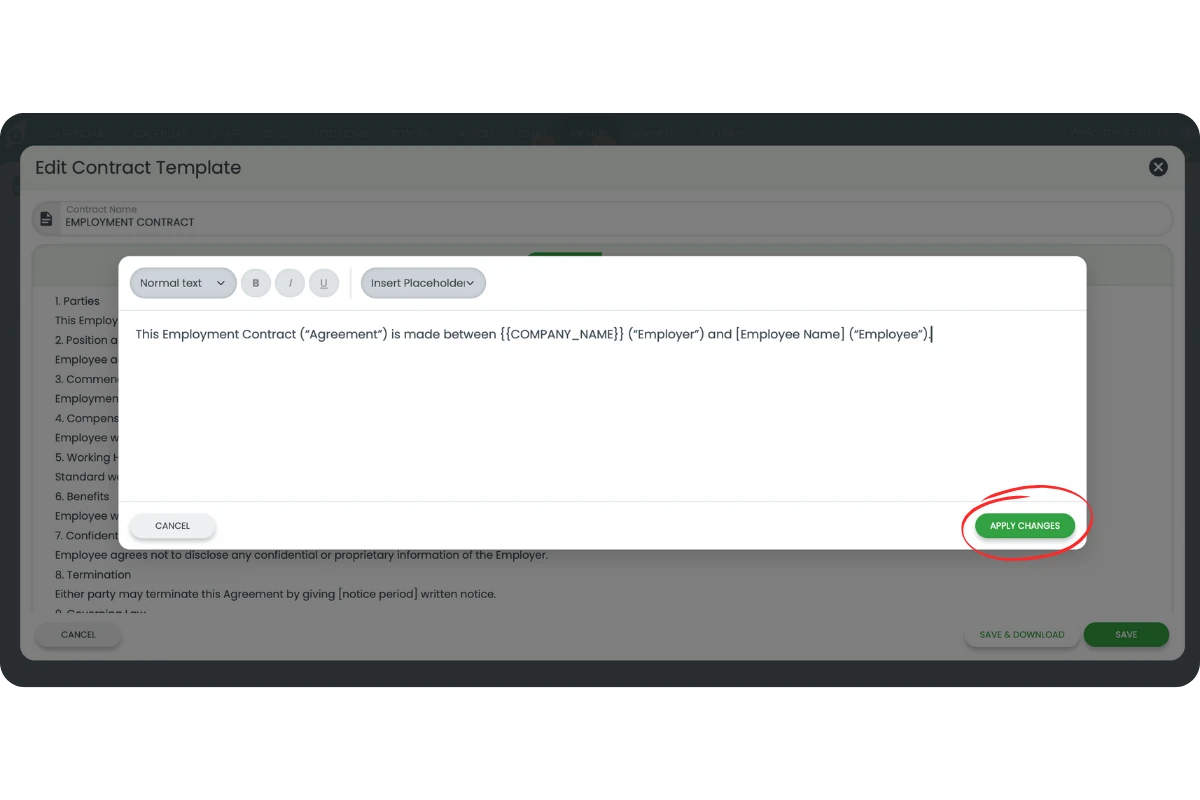 Contract editor showing COMPANY_NAME placeholder inserted in text with Apply Changes button circled