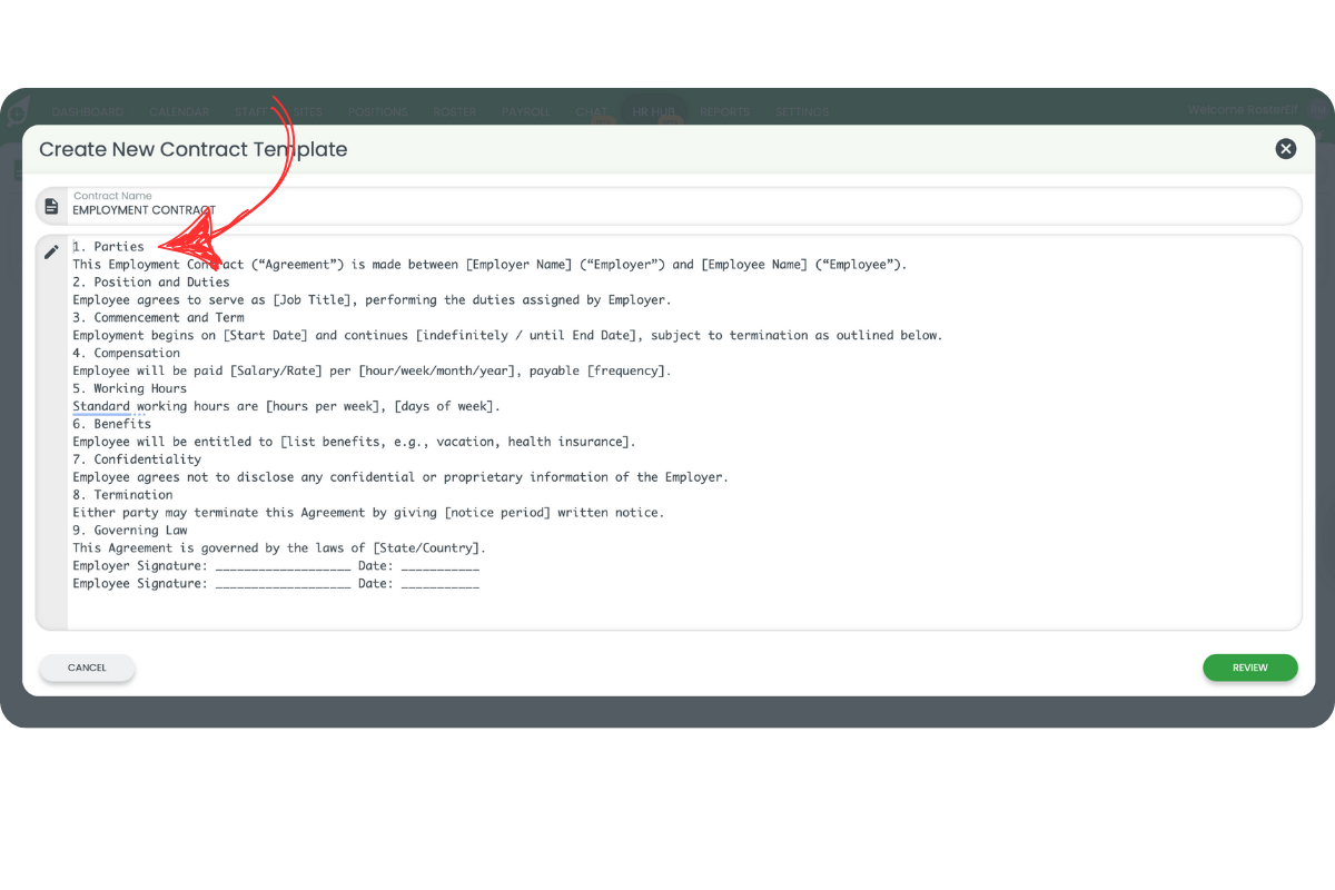 Create New Contract Template modal with the contract name field highlighted