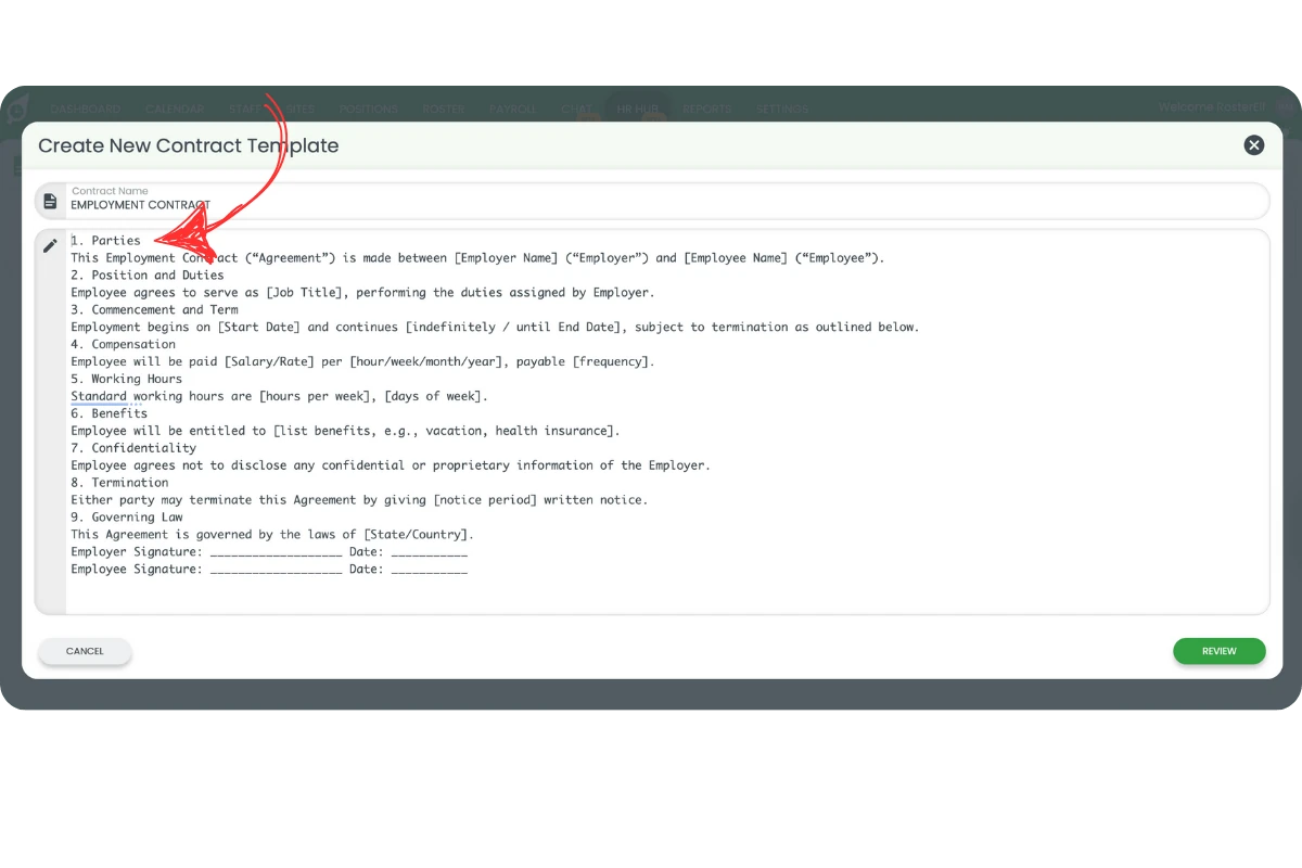 Create New Contract Template modal with the contract name field highlighted