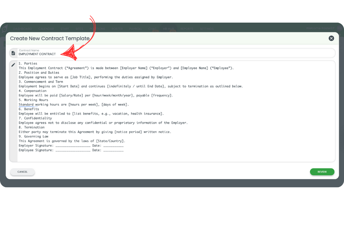 Create New Contract Template modal showing contract text pasted into the text area