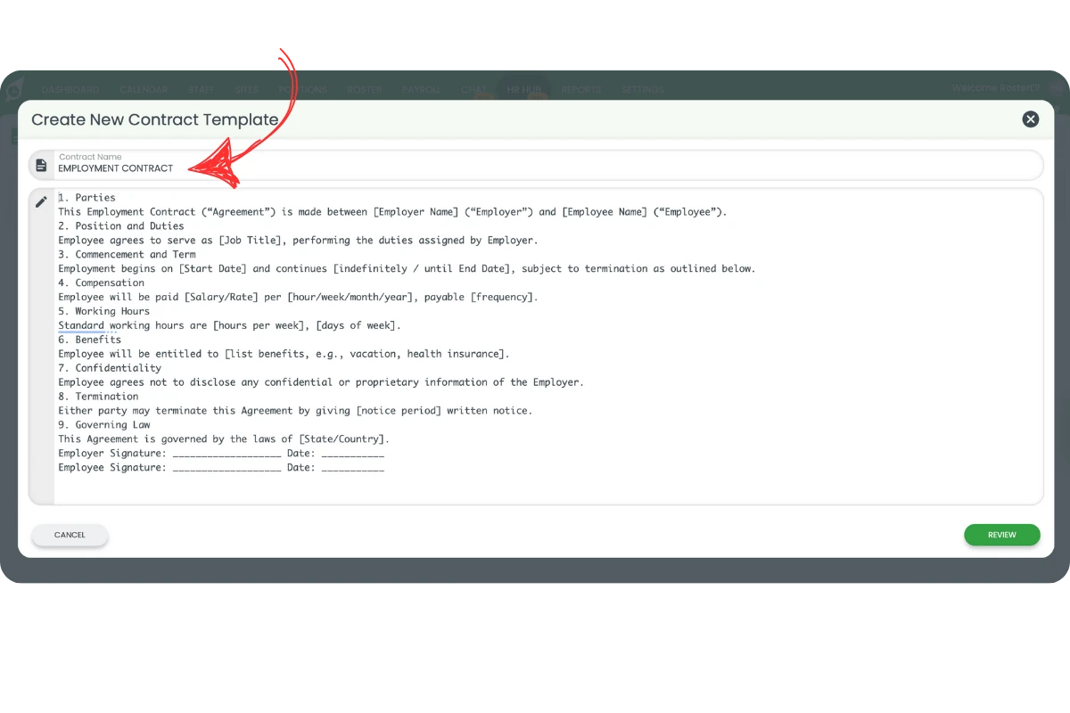 Create New Contract Template modal showing contract text pasted into the text area