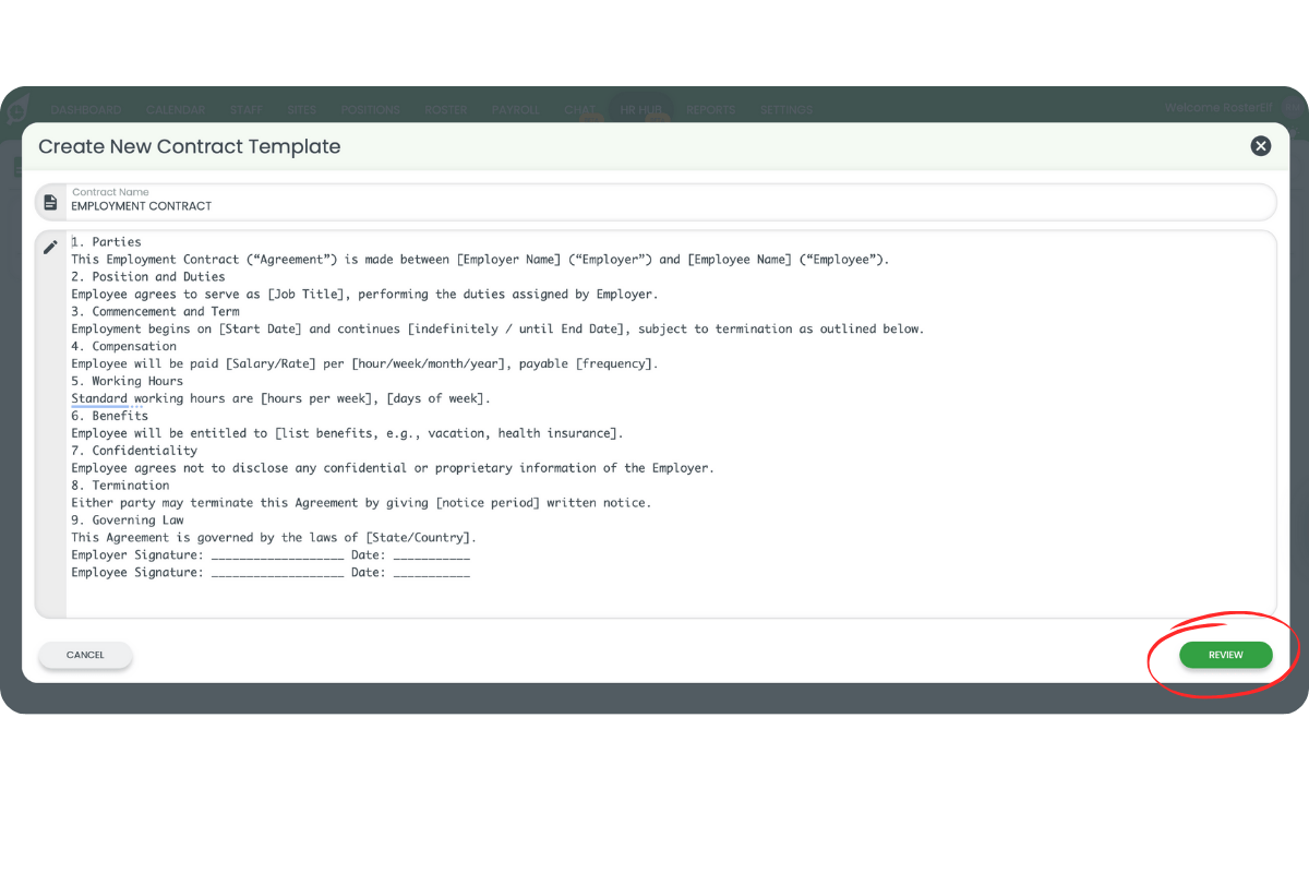Create New Contract Template modal with the Review button highlighted